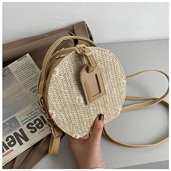 Daisy Flower Embroidered Round Straw Crossbody Bag in Khaki - Picture 6 of 9